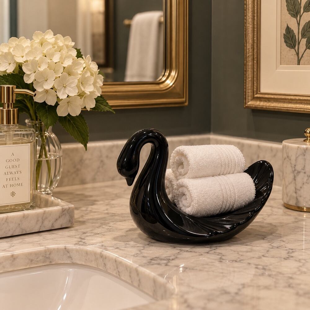 Vtg Black Ceramic Swan vanity decor Hollywood Regency Feminine Vintage Glam